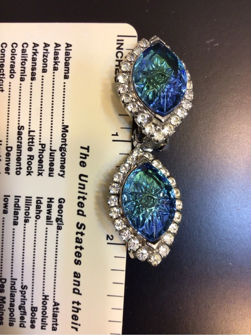 Vintage Mid-century Clip-on Earrings Blue Navette Stones Clear Rhinestones